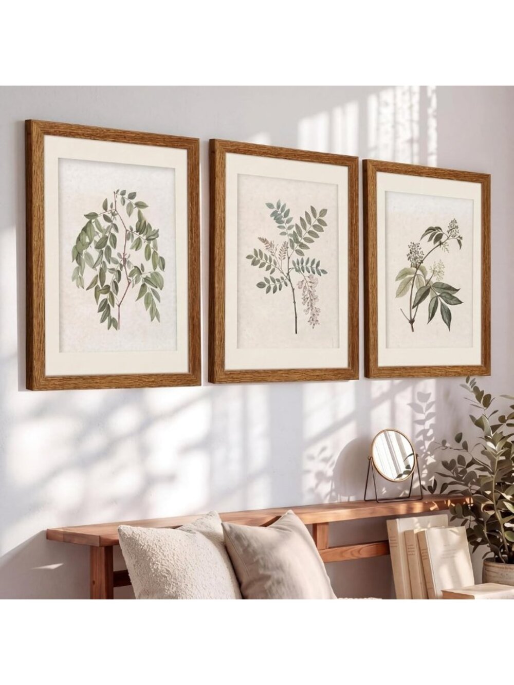 3 Pcs Sage Green Framed Botanical Canvas Art Set - Plant Wall Decor